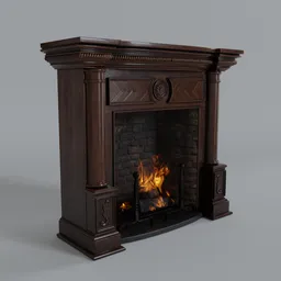 "Antique Victorian Era Fireplace 3D Model for Blender 3D - Perfect for Vintage or Contemporary Scenes. Highly Detailed with Acanthus and Wooden Trim, Includes Fire and Firewood. Compatible with Cycles Engine and Iray."