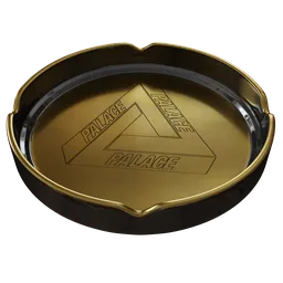Detailed 3D rendering of a golden ashtray with engraved logo, compatible with Blender.