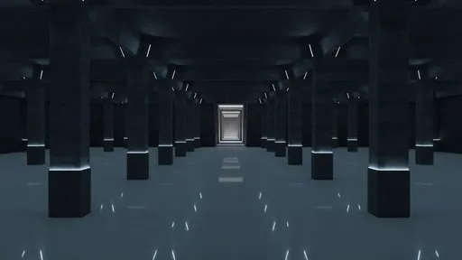 3D-rendered liminal indoor scene with symmetrical pillars leading to a glowing doorway, ideal for creative design.