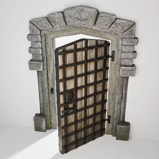 Low-poly Blender 3D model of an ancient wooden portcullis with a stone arch, ideal for historical scenes.