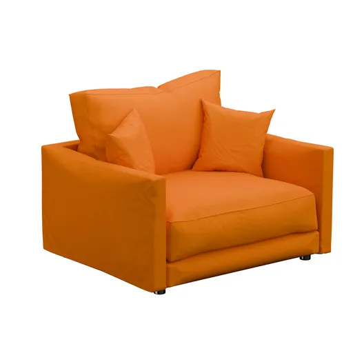 Detailed 3D orange armchair-bed model with pillows, ideal for interior design in Blender.
