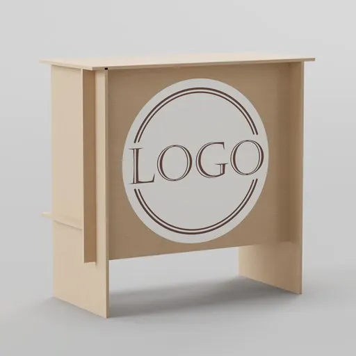 Rustic wooden tradeshow counter 3D model with customizable logo panel, suitable for event and retail scenes in Blender.