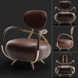 Elegant 3D-rendered modern chair with sleek gold accents and brown leather, optimized for Blender.