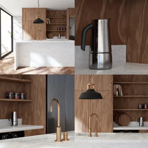 Detailed Blender 3D model of a modern kitchen interior with wooden cabinets and stylish appliances.