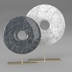 Textured 3D marble donut stands with golden supports on a neutral background, suitable for Blender rendering.