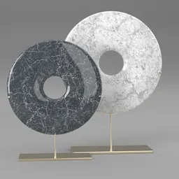 "Digital design of a Decorative Marble Donut Stand made with white Calacatta gold marble. Inspired by Qi Baishi, the stand features two donuts and a hole in the middle. 3D model created with Blender 3D software."