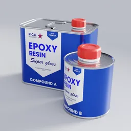 Realistic 3D model of epoxy resin cans, detailed Blender 3D render, twin-component industrial utility.