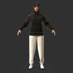 Rigged 3D female model in hoodie and sweatpants, Blender-ready with hair modifiers for quality adjustment.