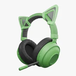 3D Blender model of green cat-ear gaming headset with microphone and cushioned ear cups.