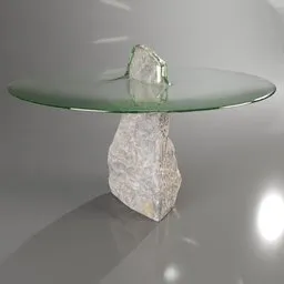 "Stone and glass top garden table, a 3D model designed in Blender, featuring a realistic stone base and amolding glass top. Perfect for outdoor decoration and peaceful style settings. Find it in the 'table' category on BlenderKit."