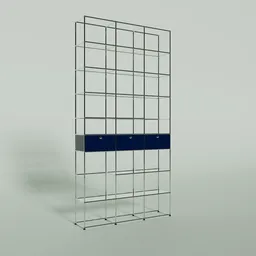 "USM Modern high shelf 3D model designed by renowned USM designer for Blender 3D. Easily customizable color options. Features include a blue top shelf, wireframe models, tall thin frame, lockbox, and the USA flag. Get this official product image with a 3/4 side view, showcasing the shelf's intricate design and technological features."
