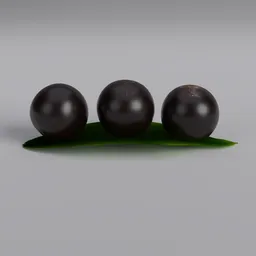 "Handmade high-poly Jabuticaba fruit 3D model with leaf and decimate mod, created in Blender 3D. Inspired by Sesshū Tōyō, the model features black fruit balls on a green leaf and includes a cherry. Rendered beautifully with ray tracing technology and available in 8K resolution."