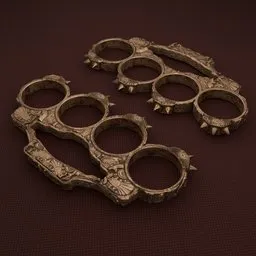 Detailed 3D render of ornate spiked knuckles on a plain surface, showcasing intricate textures and aging effects.