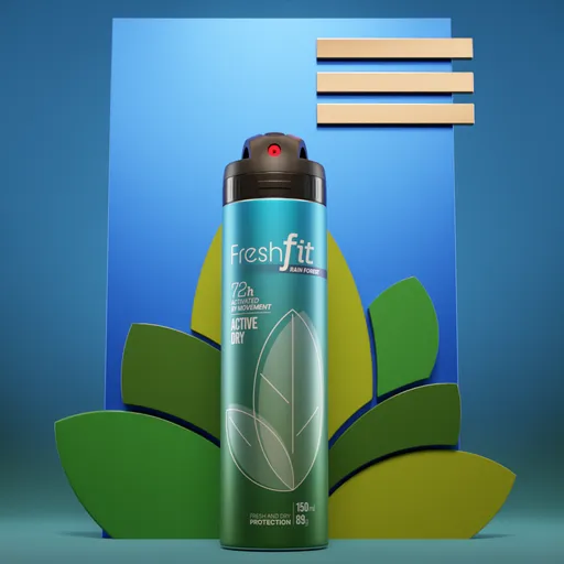 3D-rendered aerosol deodorant mockup with artistic backdrop, leaf elements in Blender.