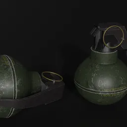 "Blender 3D Hand Grenade 3D model with green bombs, black strap, and metal lid. Inspired by Vladimír Vašíček, this ultra-realistic classic is perfect for post-nuclear fallout scenes and military equipment renderings."