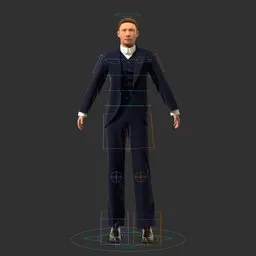 High-quality 3D male model in formal suit, rigged for animation in Blender.