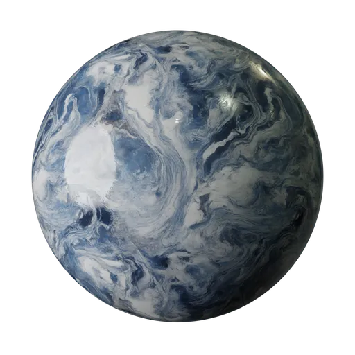High-resolution PBR marble texture with swirling blues and grays, evoking cosmic waves for Blender 3D.