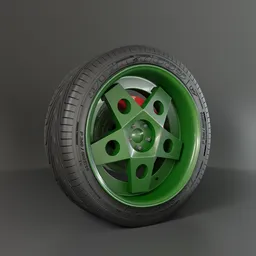 High-detail green car wheel 3D model showcasing realistic texture and lighting, compatible with Blender rendering.