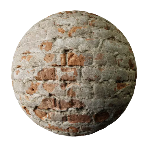 High-resolution PBR texture of distressed plaster and brick for 3D rendering and Blender.