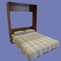 "Foldable Murphy Bed with bookcase on headboard, featuring light transport simulation, cloth simulation, and constraints. This 3D model for Blender 3D showcases a yellow cap version designed by Glennray Tutor, with elements inspired by lumberjack flannel and new design trends. Perfect for gamedev and interior design projects."