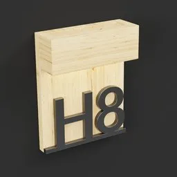 Detailed wooden 3D model of a house number plaque with the inscription 'H8', designed for architectural use in Blender software.