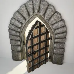 Detailed 3D medieval Gothic door model with PBR textures for Blender, ideal for architectural visualizations.