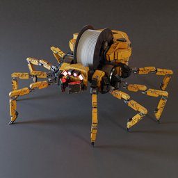 Textured 3D mechanical spider model with integrated spool, rigged and animated for Blender.