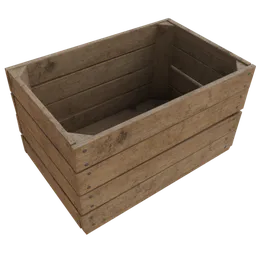 Detailed 3D wooden crate model with metal fastenings, realistic textures, and aged appearance, perfect for architectural scenes.