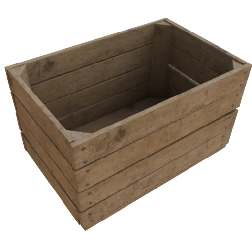Detailed 3D wooden crate model with metal fastenings, realistic textures, and aged appearance, perfect for architectural scenes.