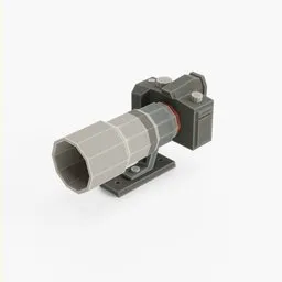 "Low Poly Camera in Blender 3D: A stylish fantasy miniature camera with gray and black tones, featuring a red button, monocular, and a 300mm lens. Inspired by Hariton Pushwagner's designs, this blocky-shaped camera offers a unique and captivating product view. Perfect for photography enthusiasts seeking a mechanical design that resonates with mortar and piping elements."