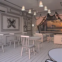 Whimsical 3D cafe scene with monochromatic design, ornate butterfly art, and vintage furniture, created in Blender.