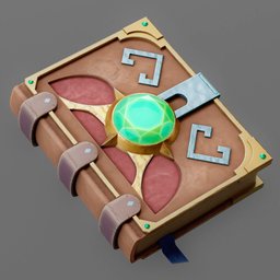 Detailed 3D model of an enchanted, ancient-looking book with gemstone and metal clasps, ideal for VR/AR rendering in Blender.