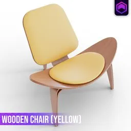 "Mid-century modern yellow chair with wooden seat and cushion, designed with sleek curves and exaggerated curvature. Created in Blender 3D, this 3D model is perfect for interior design visualization."
