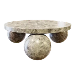 "Minimalistic marble coffee table 3D model for Blender 3D. Features three polished spheres on top and a grey metal body. Realistic and stylish addition to any 3D interior design project in the table category."