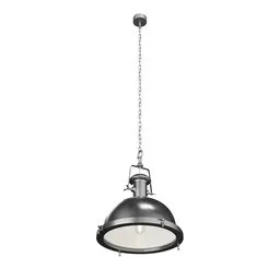 "Industrial Design Light, a realistic 3D model created with Blender 3D. This ceiling light features an industrial design and is inspired by real-life products. Perfect for architectural visualization, this photorealistic rendering showcases a hanging light with a steel collar and metal lid on a white background."