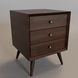 "3D model of a wooden side table with three drawers, inspired by Nyuju Stumpy Brown and modeled in Blender 3D. Perfect for adding functional and aesthetic appeal to your living space. Ideal for those looking for a non-binary, slender, and symmetrical design."