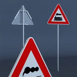 "3D model of a 'Danger Road Sign Train Ahead' in Blender 3D, featuring a detailed rendering with a train. The sign is depicted with an elegant mustache and a honeycomb texture for reflection. This communication-themed model is ideal for creating realistic road scenes and optimizing SEO for Google image search."