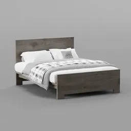 "Double bed 3D model in oak and grey metal with white and black blankets and pillows for Blender 3D. Photoreal details and intricate design inspired by Eliot Kohek. Made in 2019. Perfect for interior design visualization."