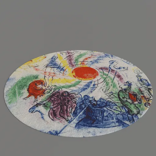 Highly detailed textured round carpet 3D model for Blender with artistic colorful painting design.