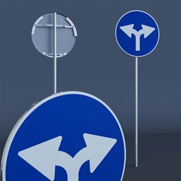 "Abstract 3D rendering of two arrow road signs with honeycomb texture for reflection in Blender 3D. This kitbash 3D model, created using Autodesk Inventor, features stanchions and a rounded traffic light. The viewpoint is from the front and left, offering a detailed product image of the unobstructed road signage."