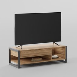 "Lowboard 129 by livetastic, a highly detailed wooden TV stand with muted colors and steel accents, rendered in V-ray and inspired by Larry Zox and Friedrich Traffelet. Perfect for a modern hall interior design. Created in Blender 3D."