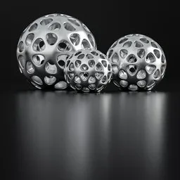 3D printed metallic spheres with intricate cut-out designs for modern decor, rendered in Blender.
