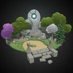 Stylized 3D nature scene resembling Dota2's Radiant, with varied trees, statue, and rocks.