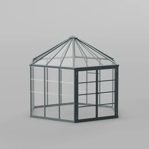 Hexagonal glass greenhouse 3D model for Blender, hobby house structure, seamless design, street category.