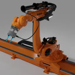 Detailed KUKA KR210 robot 3D model with gripper and linear axis for Blender animation.