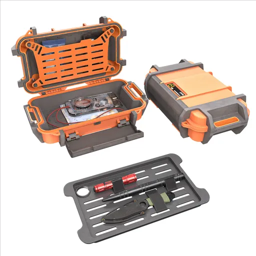 Orange 3D ruck case model with camping essentials, rigged for animation, optimized for Blender Cycles rendering.