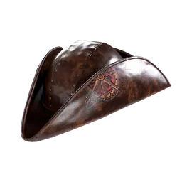 "Highly detailed Pirate Hat 3D model for Blender 3D: Brown hat with a red and black design, featuring decorative leather armor. Perfect for photorealistic renderings, games, and other 3D projects. Includes clean UV and geometry, low poly count of 2893 polys and 3082 verts, and three Smart Material options for leather textures."