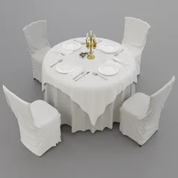 "A stylish arafed party table with white chairs and a white tablecloth for fine dining, weddings, and birthdays in Blender 3D. The set includes elegant cloth wraps and cutlery with a mathematical design. Designed by Bourgeois and rendered in Rhino with cloth simulation."
