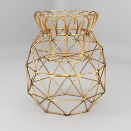 "Photorealistic golden pineapple plant holder sculpted in wire frame showcased in 3D model for Blender 3D software, perfect for outdoor design and retail displays. This decorative sculpture features a hexagonal mesh design with a gold vase sitting on a table, bringing symmetry and elegance to any space."