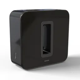 Highly detailed 3D rendering of wireless subwoofer compatible with Blender software.